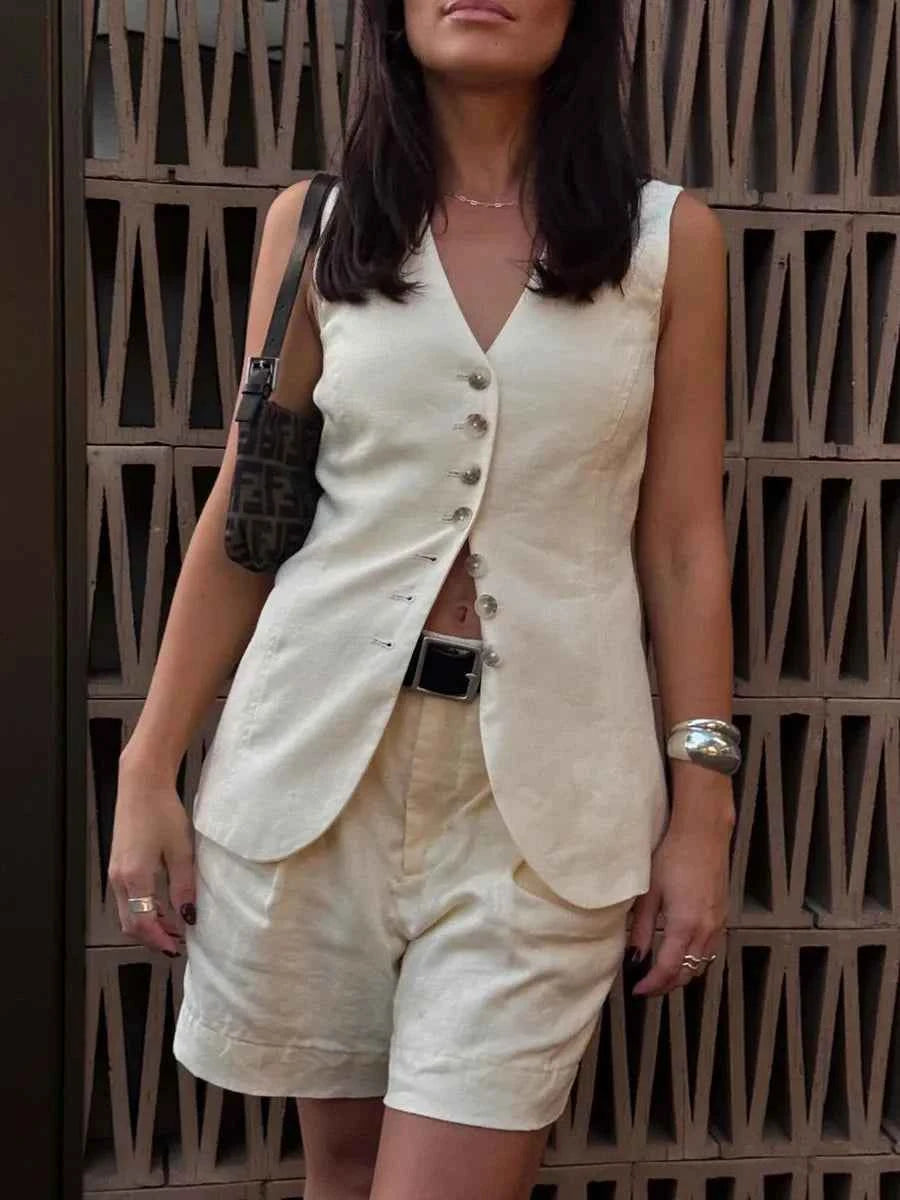 Wolfeel Cotton linen Chic Casual Vest Shorts Set Women's Fashion Commuter Sleeveless Tank Top Loose Shorts Suits Summer New