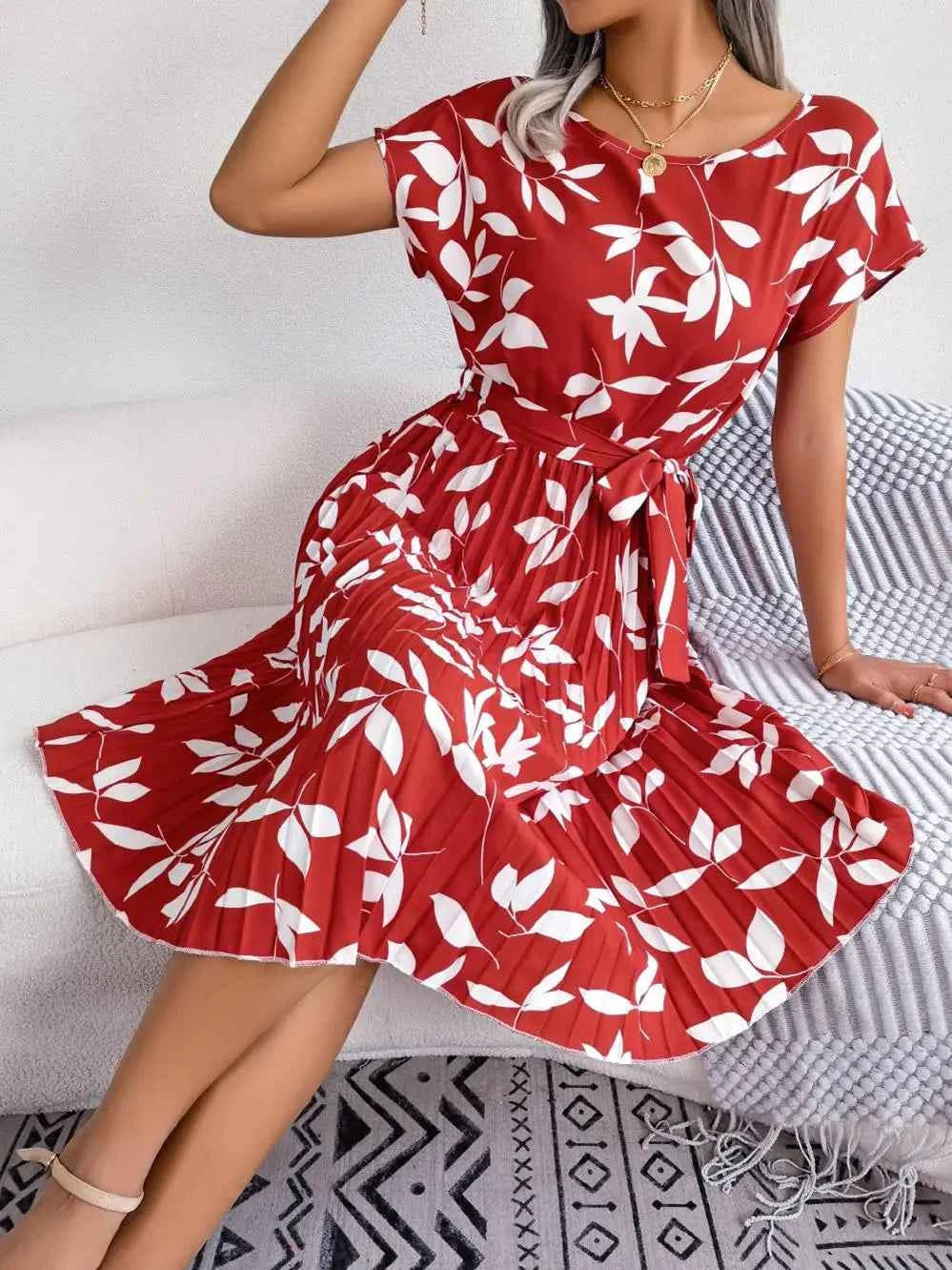 Ficusrong Fashion Floral Pleated A Line Long Dress Women Spring Summer Short Sleeve High Waist Chic Dress