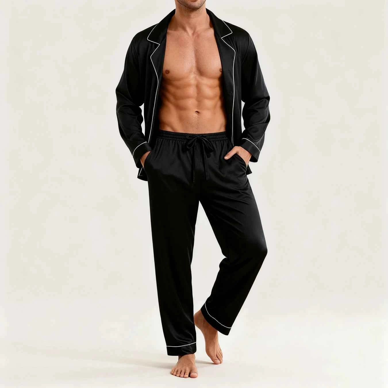 Men's Luxury Pajama Set with Contrast Trim Long Sleeve and Pockets Pants Comfortable Loose-Fit Pajamas for Men Sleepwear Sets