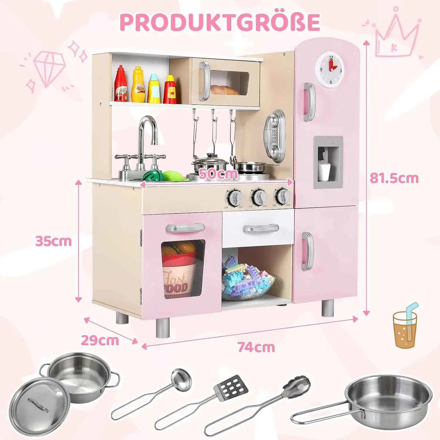 Wooden Play Kitchen Set Pretend Play Kitchen with Lights and Sounds for Kids Ages 3+, Includes Stove Oven Microwave Coffee Maker