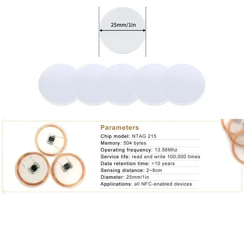 NFC Ntag215 13.56MHz NFC Coin Bonding Card Badge ISO/EC14443A 25mm Waterproof PVC 215 Electronic Tags