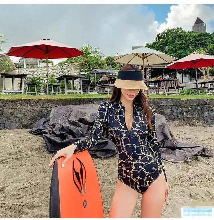 Style Diving Sun Protection Long-sleeved One-piece Ins Slimming Belly-covering Conservative Swimsuit for Women Jellyfish Suit