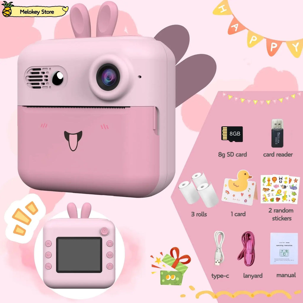 Kids Photo Camera Printer with Game Cute Bunny Mini Digital Video Child Instant Print Camera 4-12 Years Kids Girls Boyes Gifts