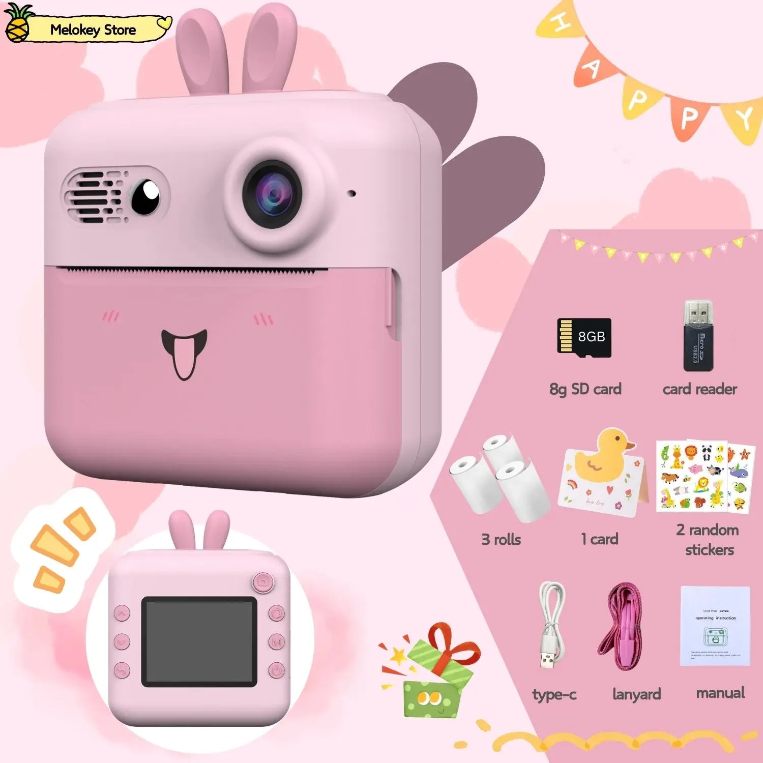 Kids Photo Camera Printer with Game Cute Bunny Mini Digital Video Child Instant Print Camera 4-12 Years Kids Girls Boyes Gifts