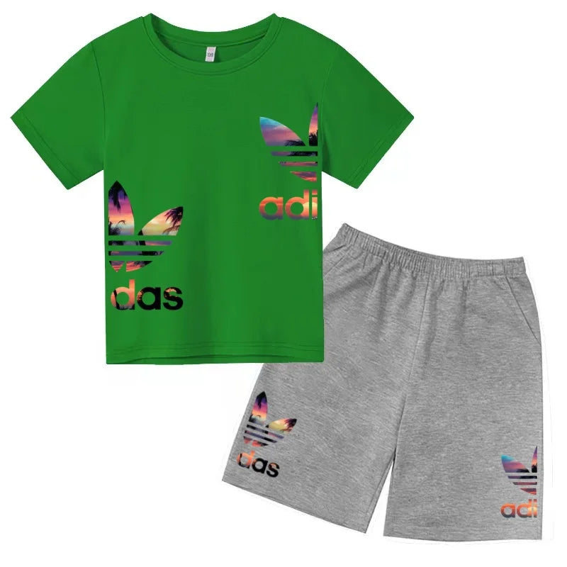 Kids T-shirt Set Colorful Letter Print Boys Girls 3-12Yrs Gift Short-sleeved+shorts 2P Round Neck Sports Casual Charming Clothes