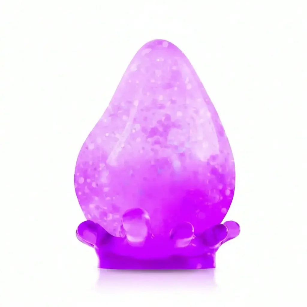 Dreamy Water Drop Squishy Toy Available In Blue Pink Purple Orange Four Color Options Mini Cute Teardrop Shape With Translucent Jelly Like Finish Sparkly Shimmer Inside Soft Velvety Texture Slow Rising Stress Relief Squeeze T
