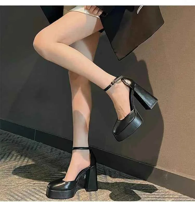 Women Classic Light Weight Round Toe Black Pu Leather Square Heel Pumps for Office Lady Shoes high heels women platform sandals