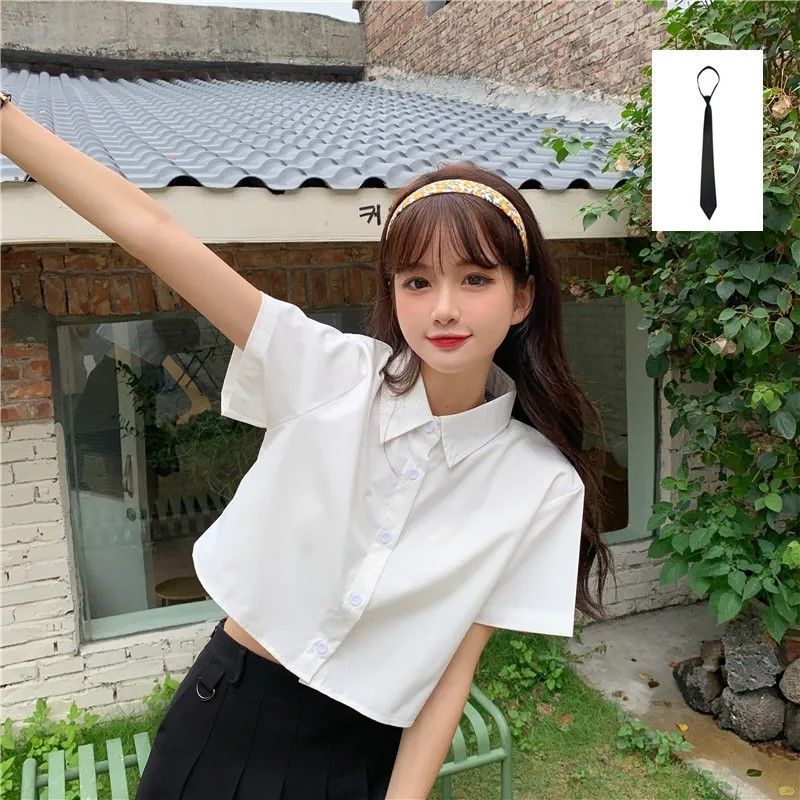 Oversize Cropped White Shirt Women Summer Short Sleeve Polo Neck Button Down Basic Short Sleeve Shirts Korean Female Blouses