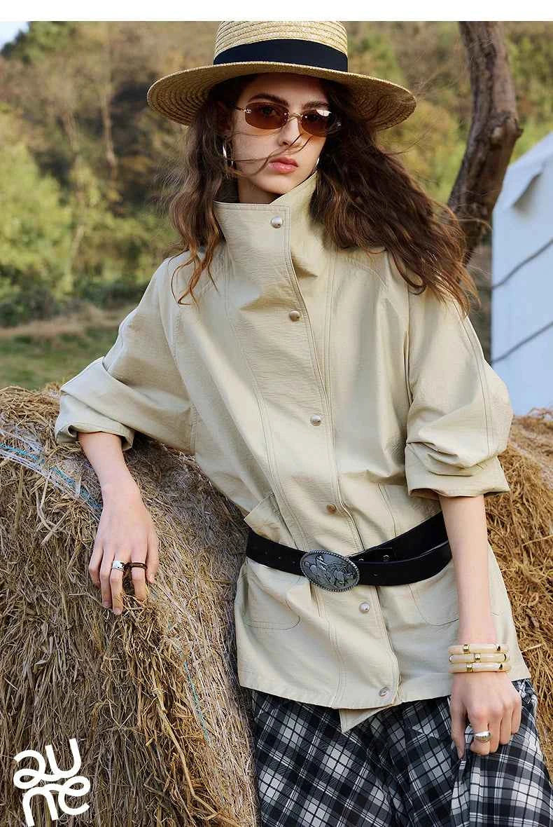 TOYOUTH Women's 2026 Spring New Loose Stand-Collar Utility-Style Lightweight Jacket Coat with Slub Wrinkle Texture