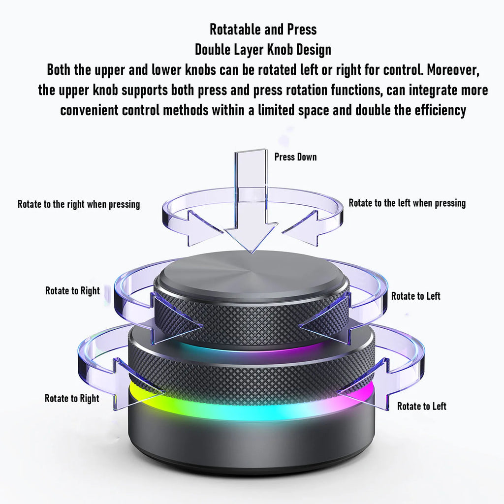 【New】Custom Rotary Knob with RGB Light Dual Knobs Page Turning Volume Controller 2.4G BT USB Support for Windows Black