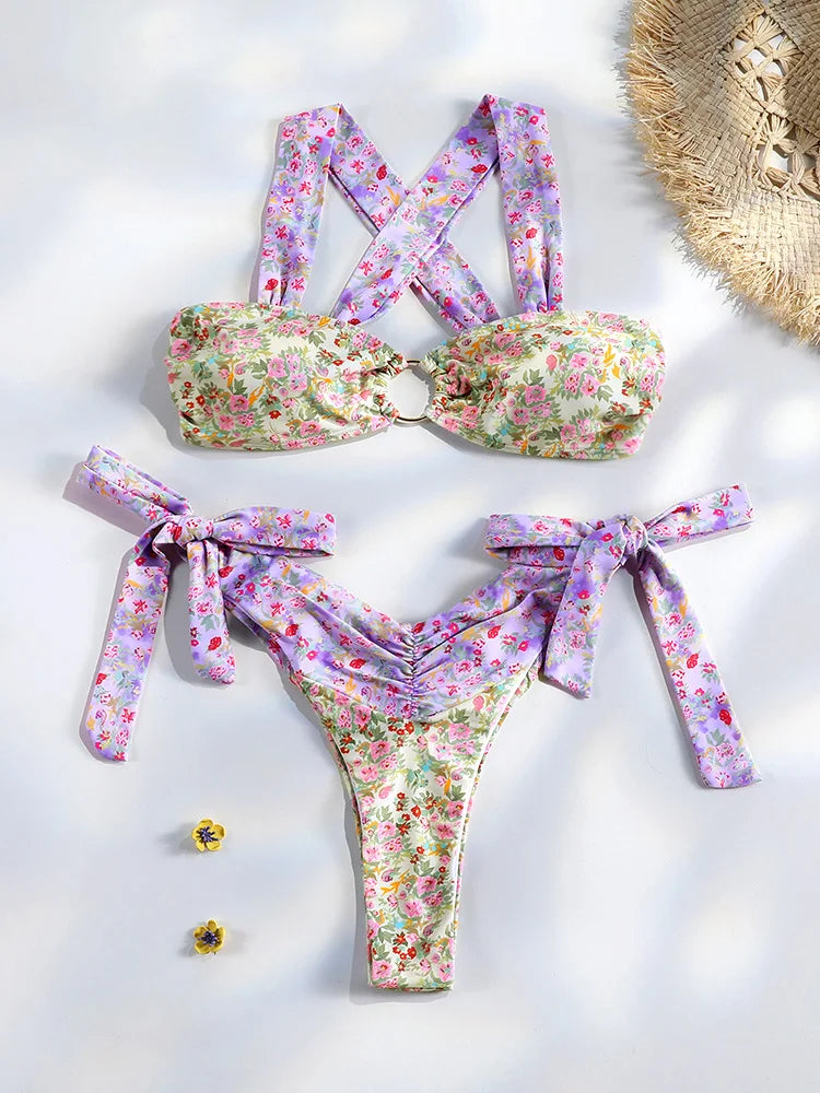 Sexy Bikinis Micro Thongs Swimsuit Women Bathing Suit Rings Biquini Bandage Beachwear Print Swimwear Sexy Bikini Sets With Chain