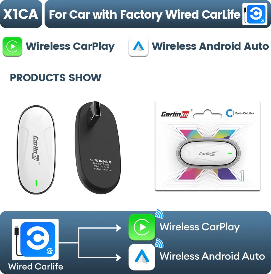 CarlinKit Baidu CarLife Adapter Wired to Wireless CarPlay Android Auto Wireless Auto CarLife to CarPlay 2in1 Auto Connect 5.8GHz