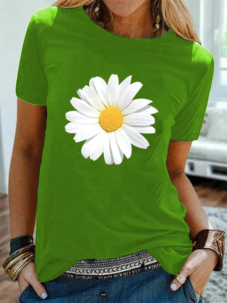 Cotton  100% Women's Round-neck Daisy Print Short-sleeved T-shirt for Women Harajuku  Aesthetic Clothes  Graphic T Shirts  Tops