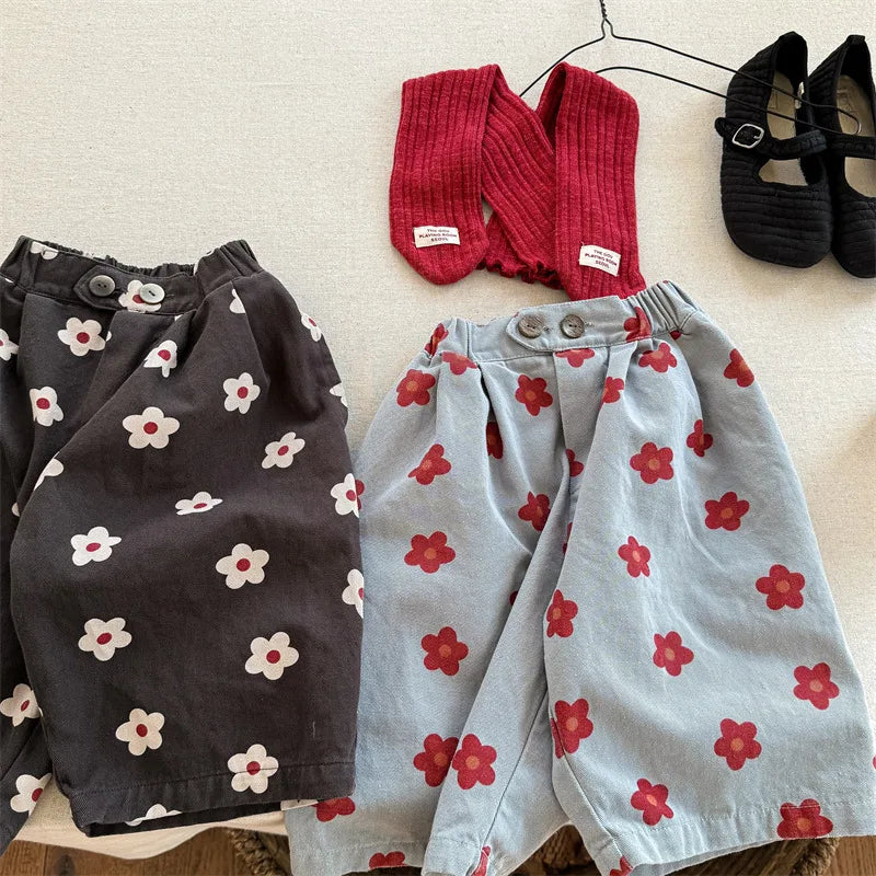2026 Spring New Children Casual Pants Fashion Flower Print Girls Harem Pants Cotton Kids Loose Trousers Boys Cute Baby Clothes