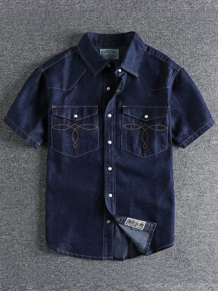 Summer New American Retro Short Sleeve Lapel Denim Cargo Shirt Men's Fashion Pure Cotton Washed Old Multi-pocket Casual Blouses