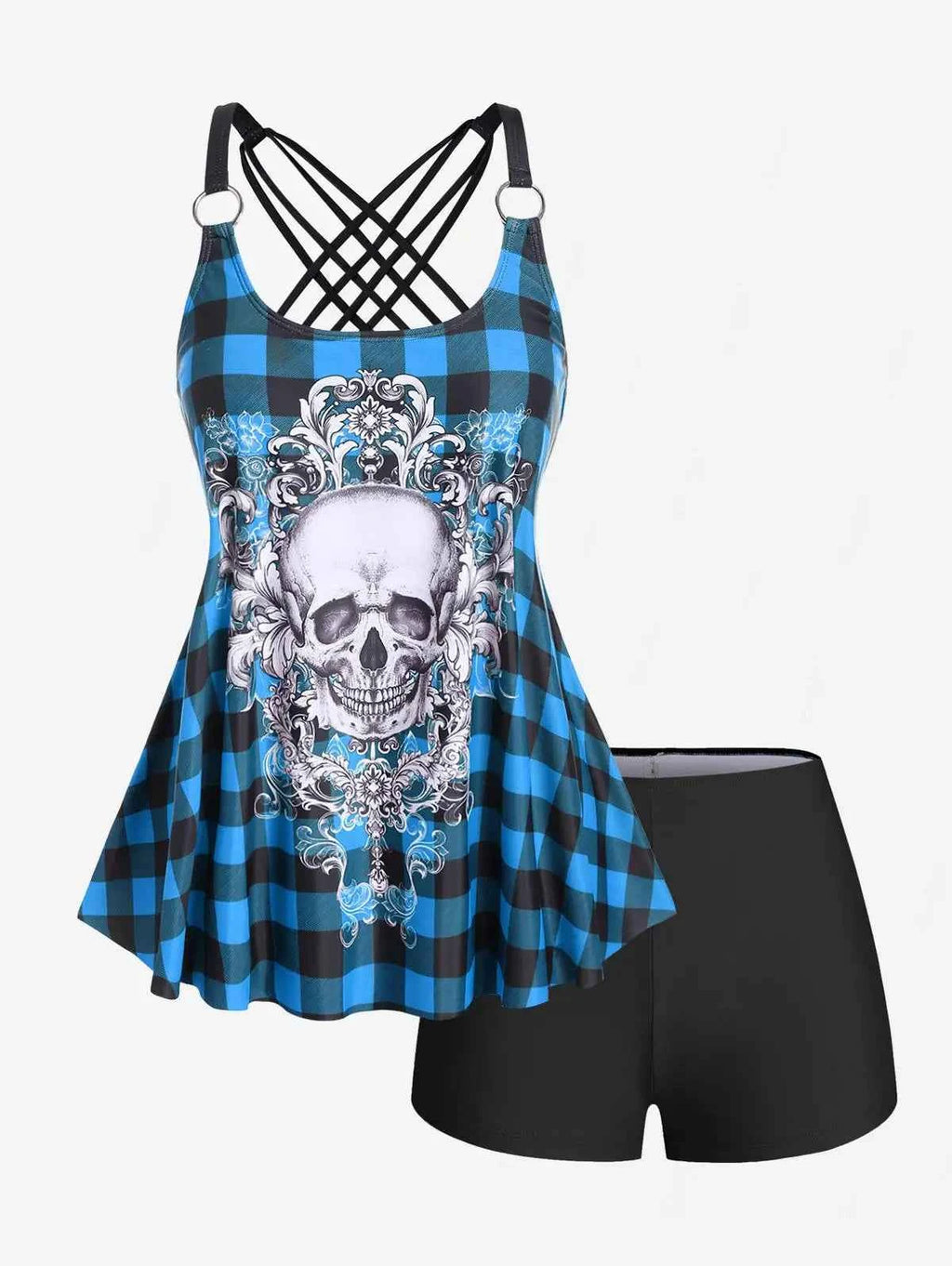 Rosegal Womens Tankini Swimsuit Set Plus Size Modest Skull Plaid Rings Crisscross Boyshorts Swimmwear