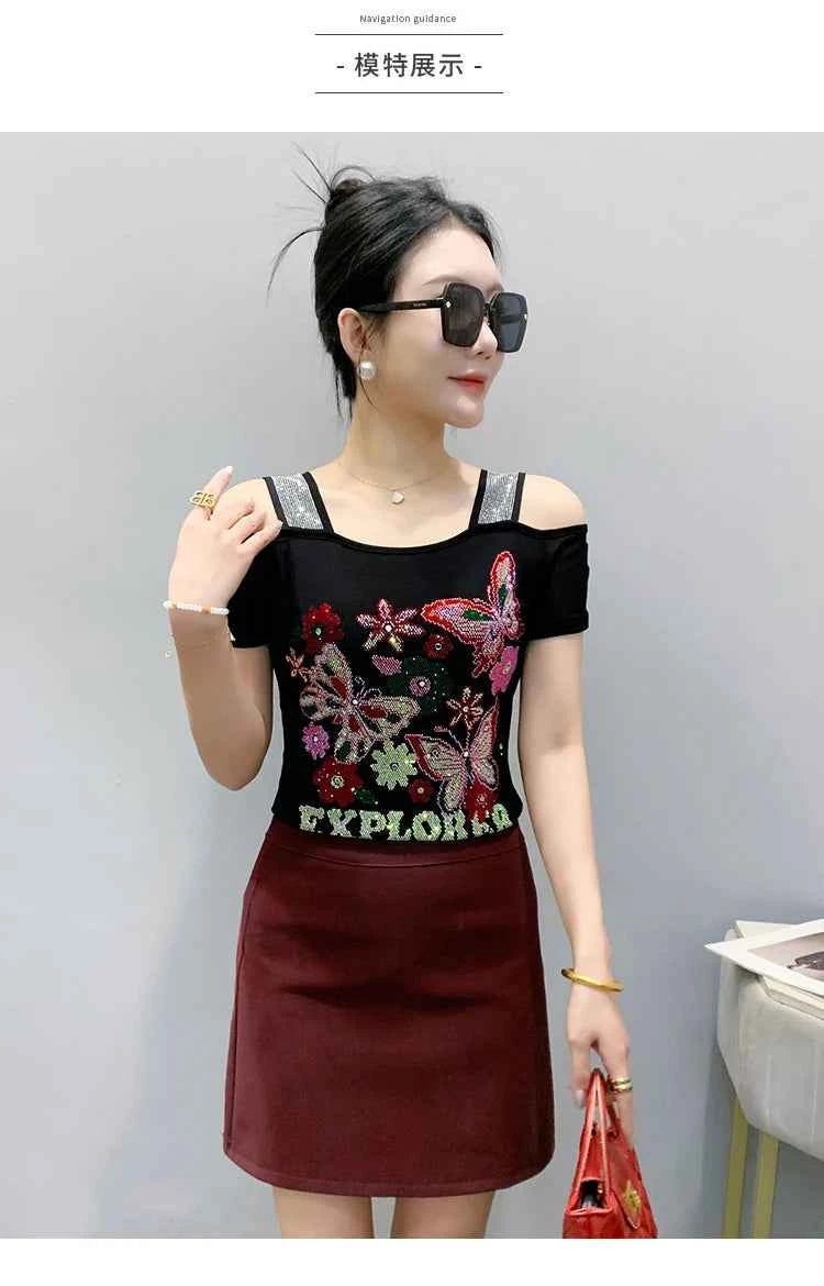 New Arrival Summer European Clothes Women's T-Shirts Chic Luxury Butterfly Hot Diamonds Tees Sexy Girl Slim Streetwear Tops