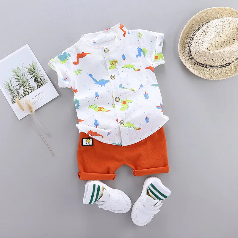 2PCS Children's Summer Cartoon Little Dinosaur Print Outfit with Standing Collar Shirt And Matching Shorts Set