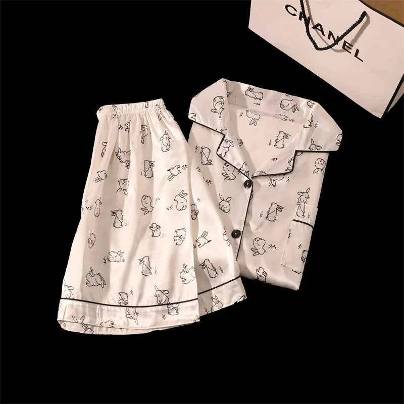 Rabbit Print Sleepwear Women Pajama Sets Korean Style Summer Piiama 2 Pieces Night Wears for Sleeping Student Cute Home Suit