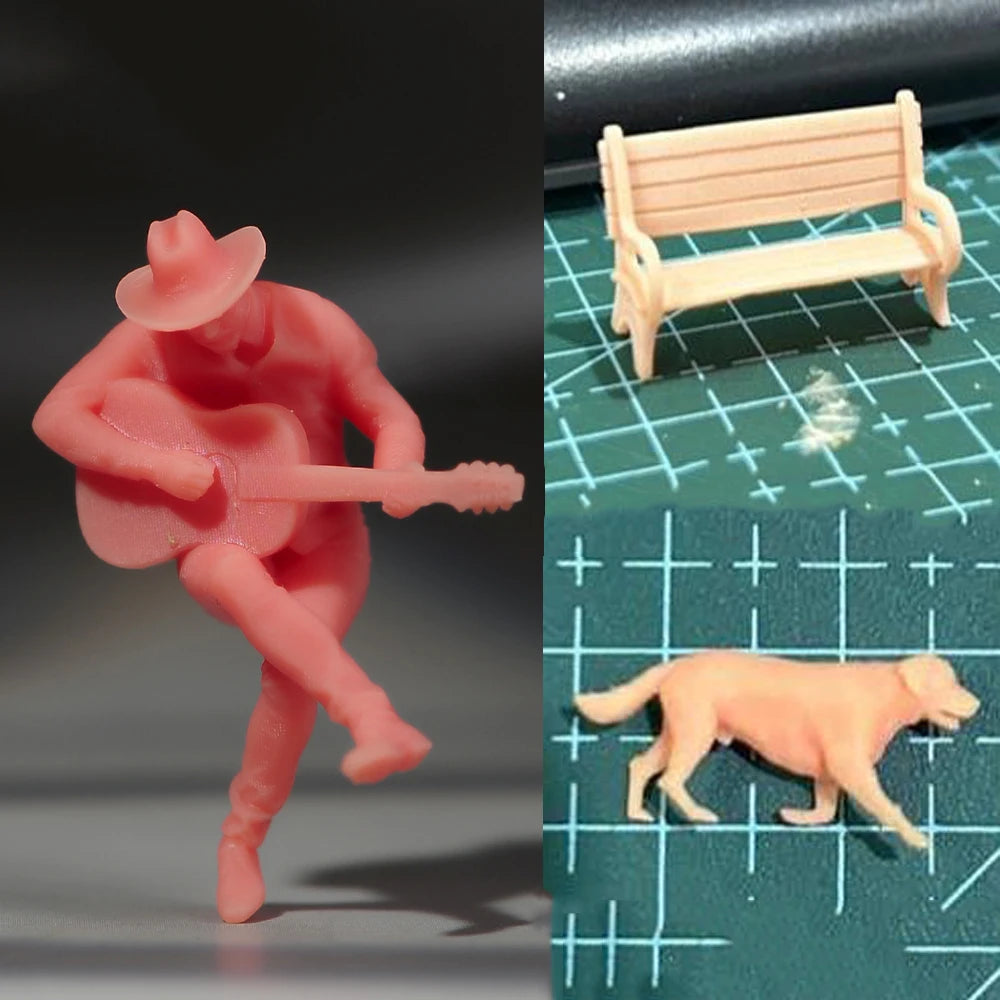 Painted Miniatures 1/64 1/43 1/87 Male Sitting on Bench Playing Guitar Scene Figure Dolls Unpainted Model For Cars Vehicles Toy