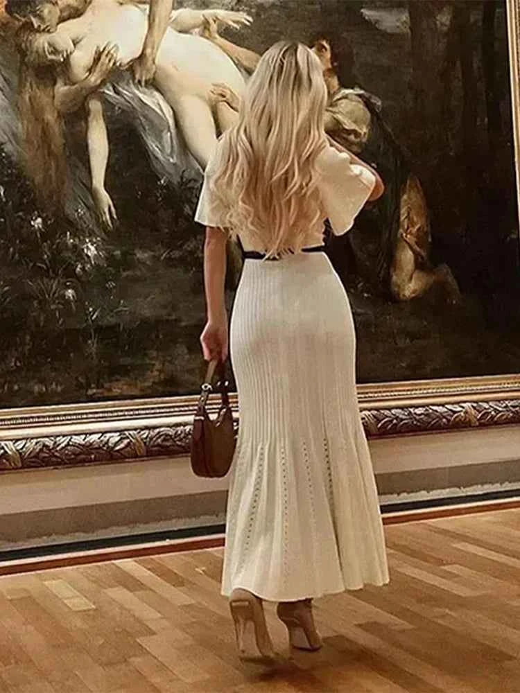 Knitted Women Long Dresses Hollow Out Short Sleeved Women Split Dress O-neck Single Breasted Female Solid Elegant Ladies Robe