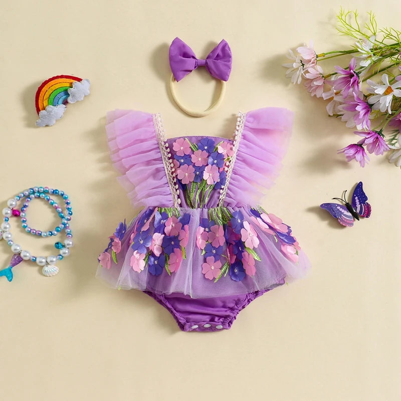 Baby Girl Princess Romper Dress Cute Summer Ruffle Sleeveless 3D Flower Tulle Tutu Rompers with Headband 2Pieces Infants Outfits