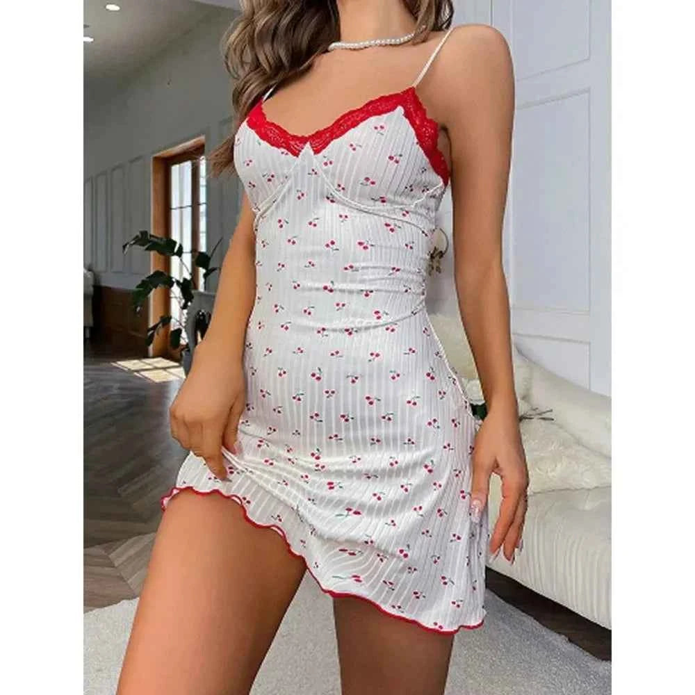 Women's Summer Sleepwear Heart Print Sling Dress Backless Casual Nightdress Short Skirt Soft Loungewear Homewear