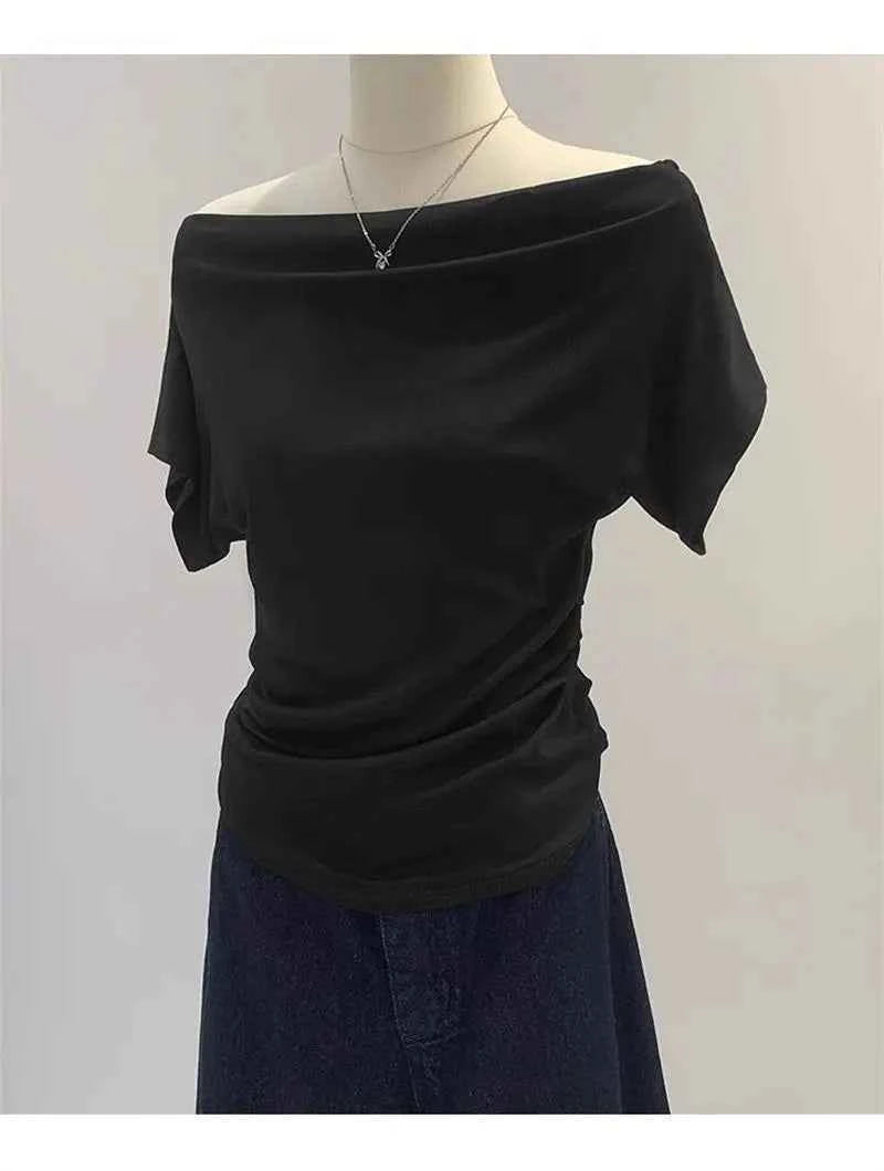 Summer One Shoulder Black Women's T-shirt Short Sleeve Korean Style Slimming Top Exposed Shoulder Fashionable