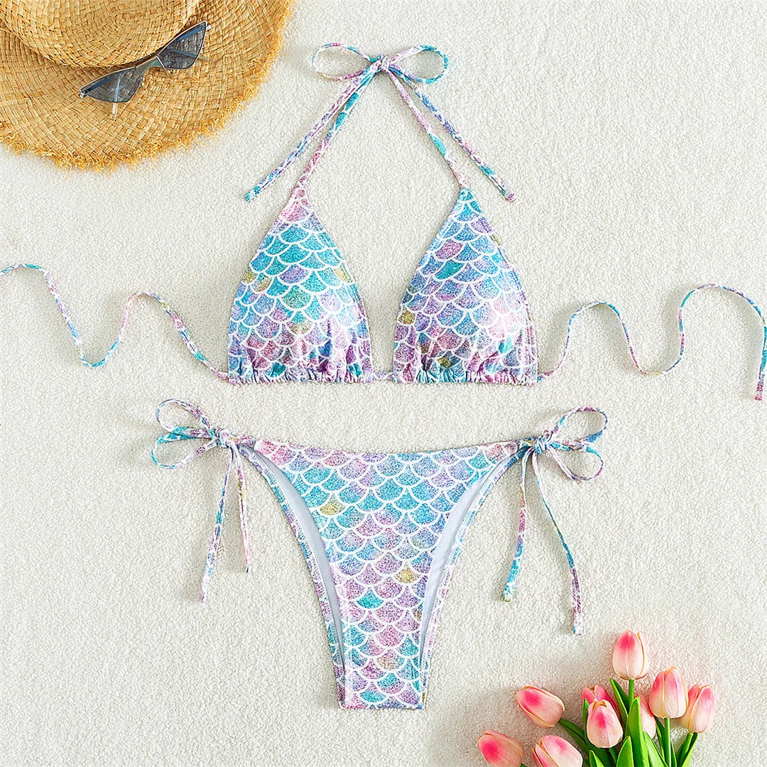 XS - L Printed Halter High Leg Cut Bikini Women Swimwear Female Swimsuit Two-pieces Bikini set Bather Bathing Suit Swim K5302