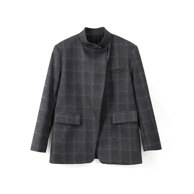 Irregular Plaid Blazer Jacket Women Fashion Stand Collar Full Sleeve Split Loose Short Jackets 2025 Lady Daily Commute Outwear