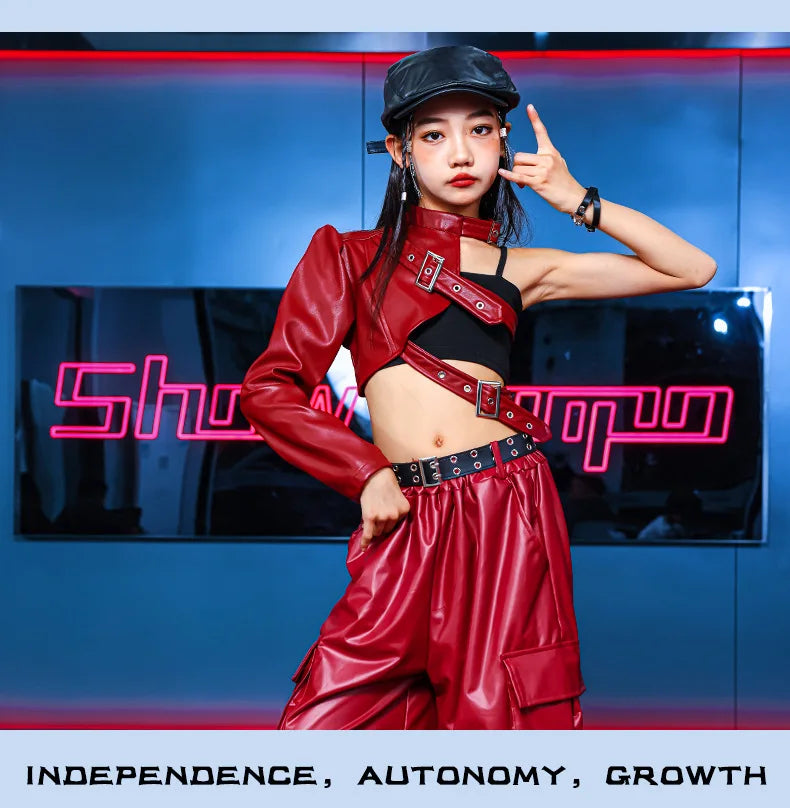Kid Hip Hop Clothing T Shirt Crop Top Wine Red Arm Sleeve Faux Leather Casual Cargo Pants for Girl Jazz Dance Costumes Clothes