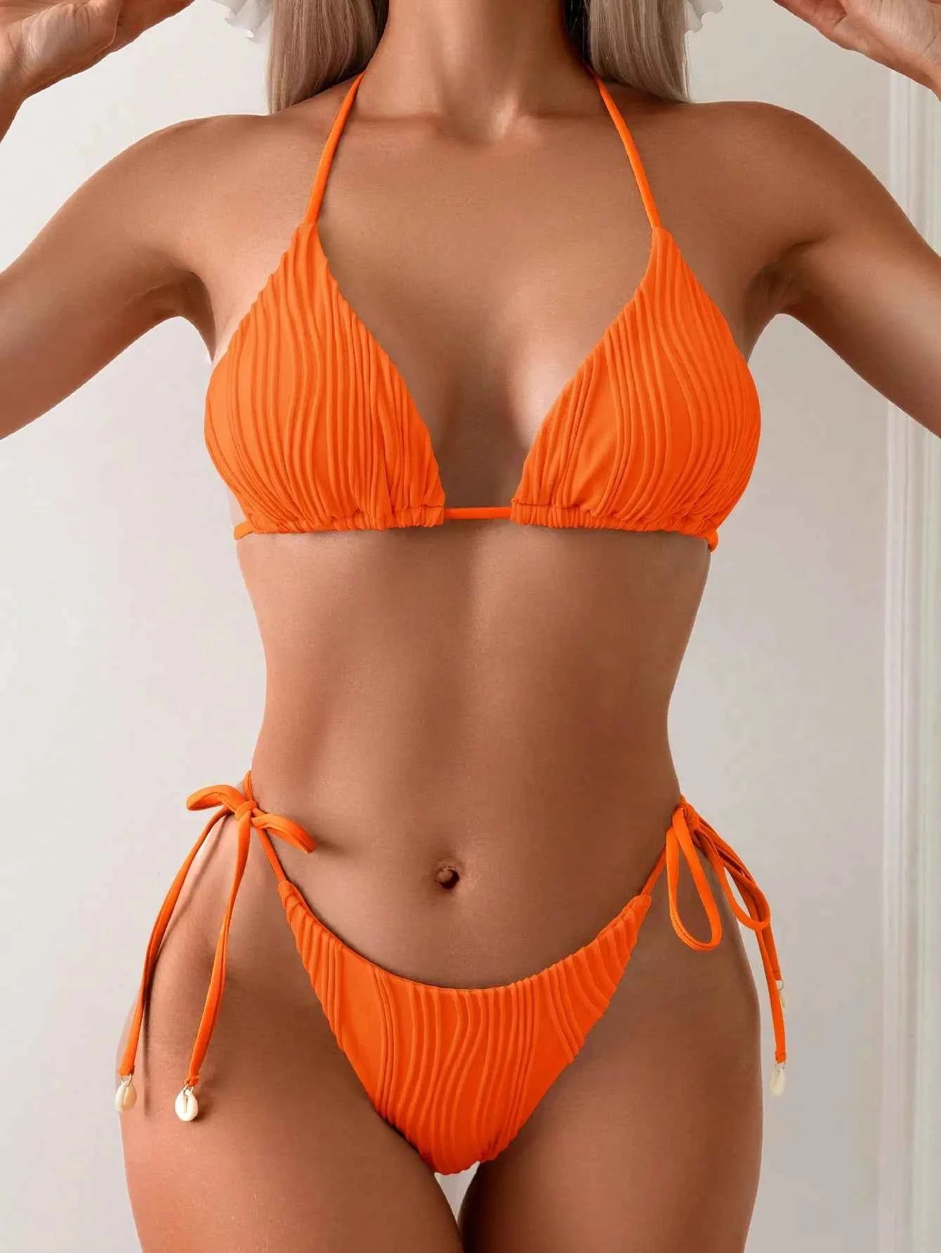 2025 New Tight Two-Piece Bikini Set Sexy Women Solid Halter Swimsuit Hollow Backless Swimwear Summer Push Up Beach Bathing Suit