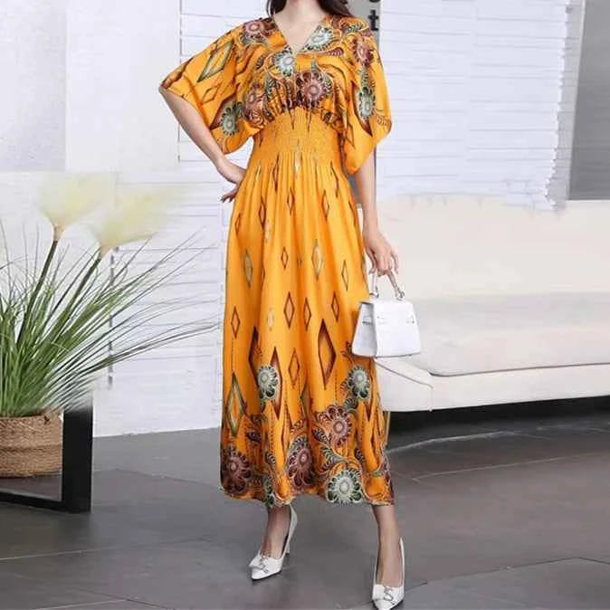Colorful Flower V-neck Elastic Youthful Bohemian Sweet Midi Dress Woman Clothes Chic Fashion Summer Dresses 2025 Large Swing Ski
