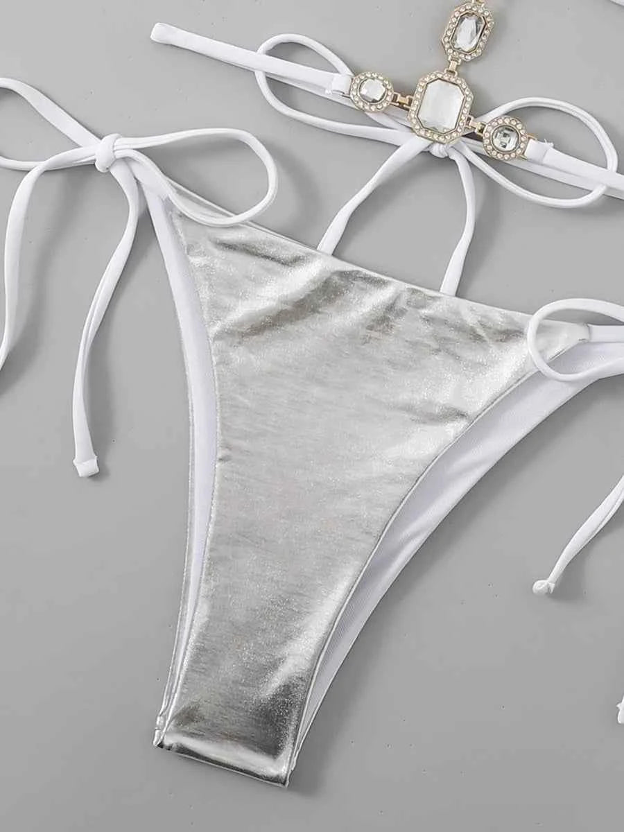 Extreme Mini Micro String Diamond Bikini Women Thong Swimwear Female Swimsuit Two Pieces Bikini Set Halter Bathing Suit Swim