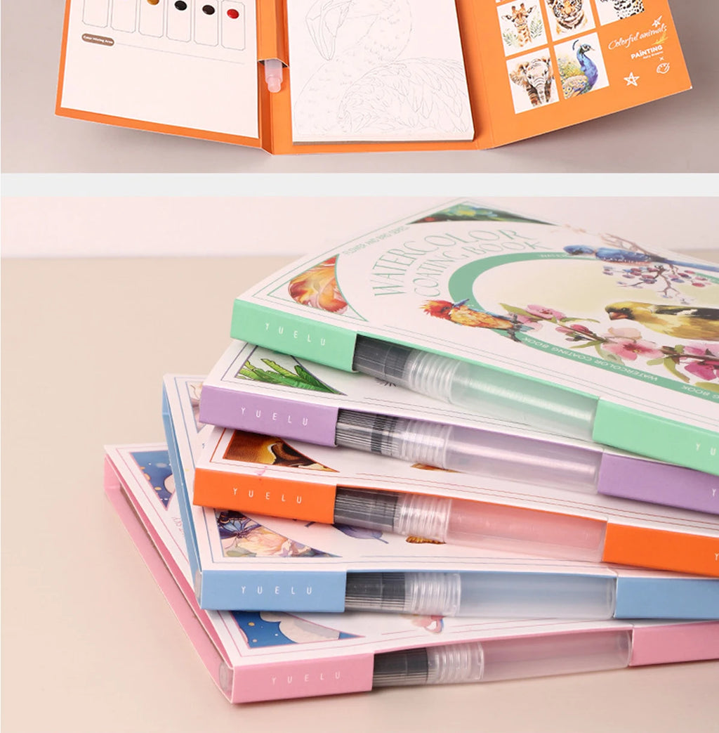 Kids Watercolor Coloring Book Educational Art Activity Reusable Non-Toxic Painting Kit for Toddlers&Creative Learning DIY Crafts