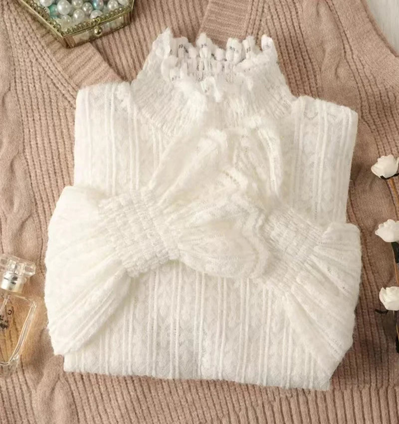 Lace Half Turtleneck Knitted Sweater Women Fall Winter Thick Warm Long Sleeve Pullover Korean Chic Slim Hollow Out Jumper New