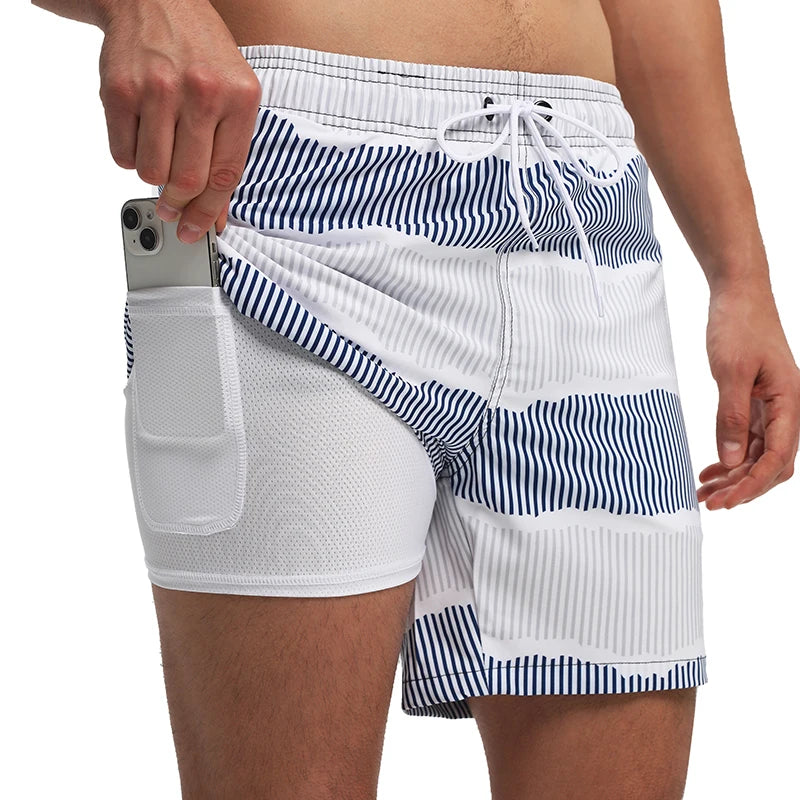 ESCATCH 2026 Summer New Arrival Mens Shorts 2 in 1 Quick Dry Gym Printing Swim Trunks Beach Side Zipper Pockets Swimsuit