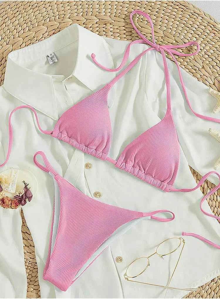 2025 Special Pit Stripe Fabric Bikini Set Women Sexy Simple Solid Halter Bikini Swimsuit High Waisted Lace Up Beach Bathing Suit