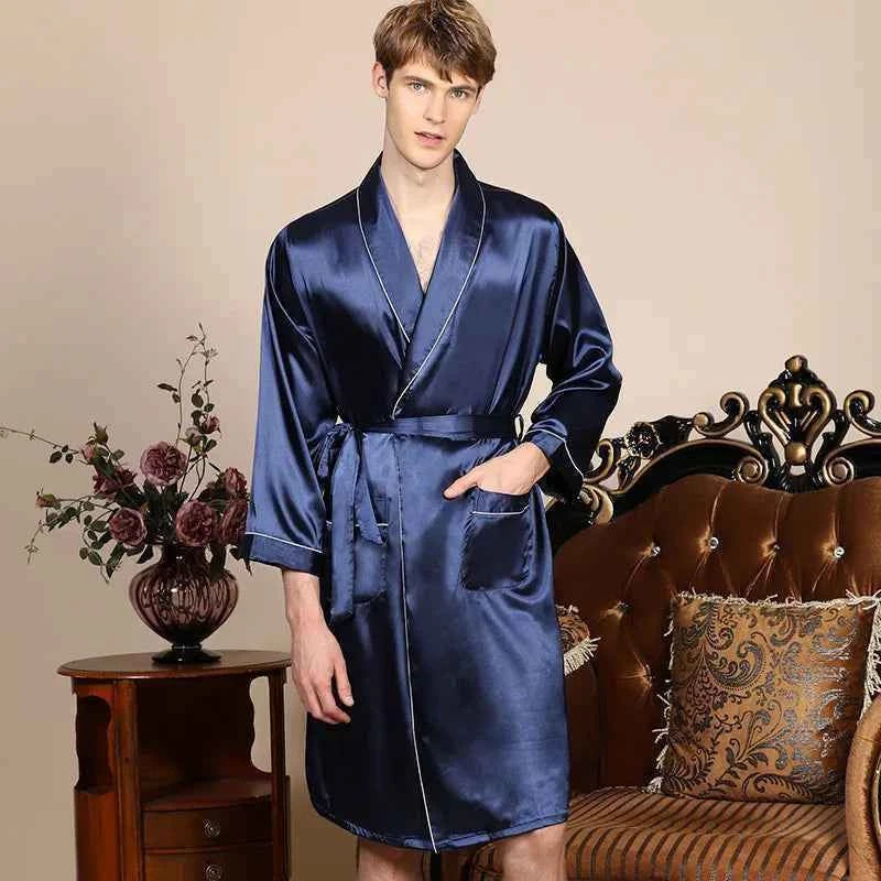 Plus Size 3XL 4XL 5XL Men Robe Sleepwear Navy Blue Stripe Kimono Bathrobe Gown with Pocket Summer Satin Home Clothes Lounge Wear