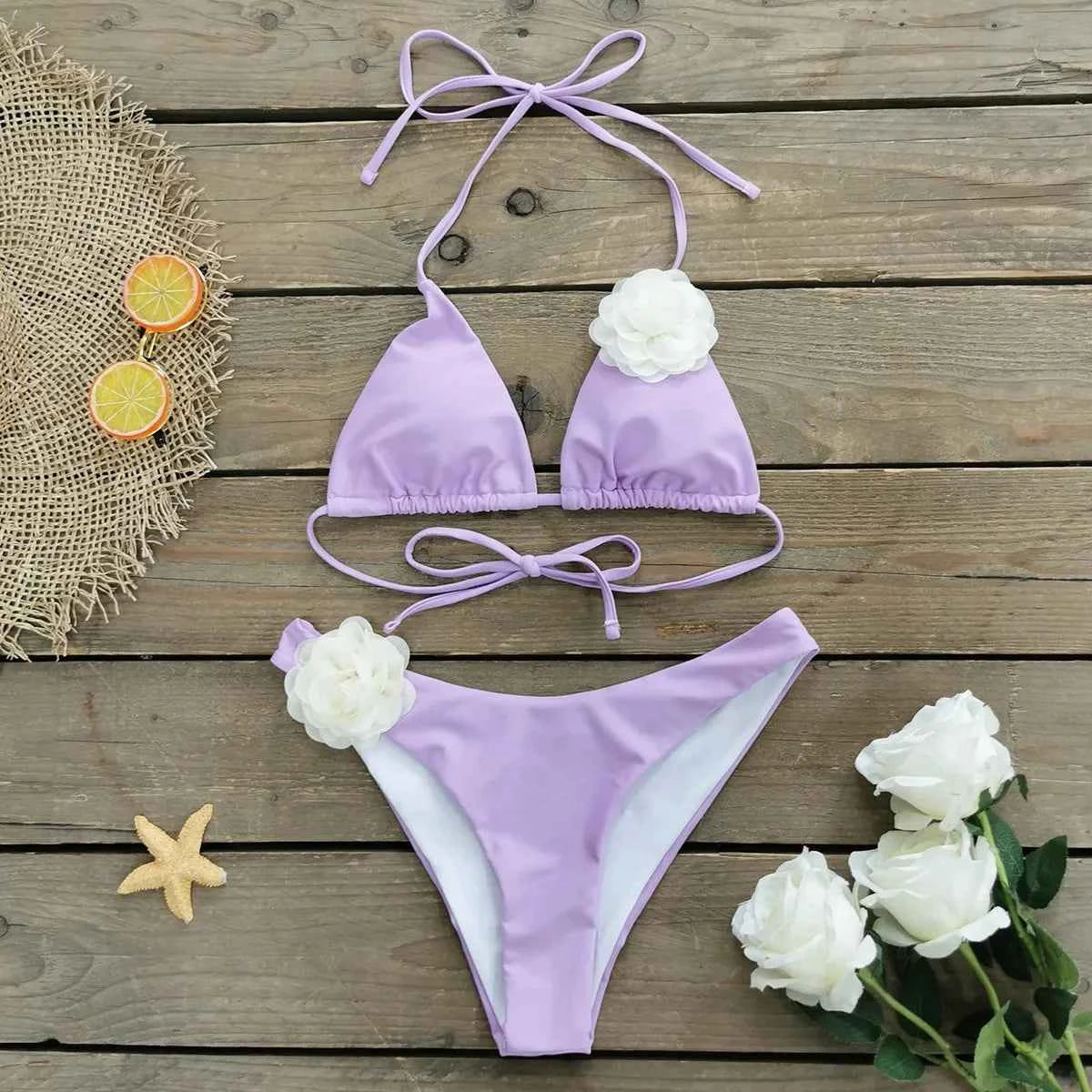 2026 New Sexy White 3D Flower Solid Two Piece Push Up Bikini Set Luxury Swimwear Women Swimsuit Beachwear Summer Bathing Suit