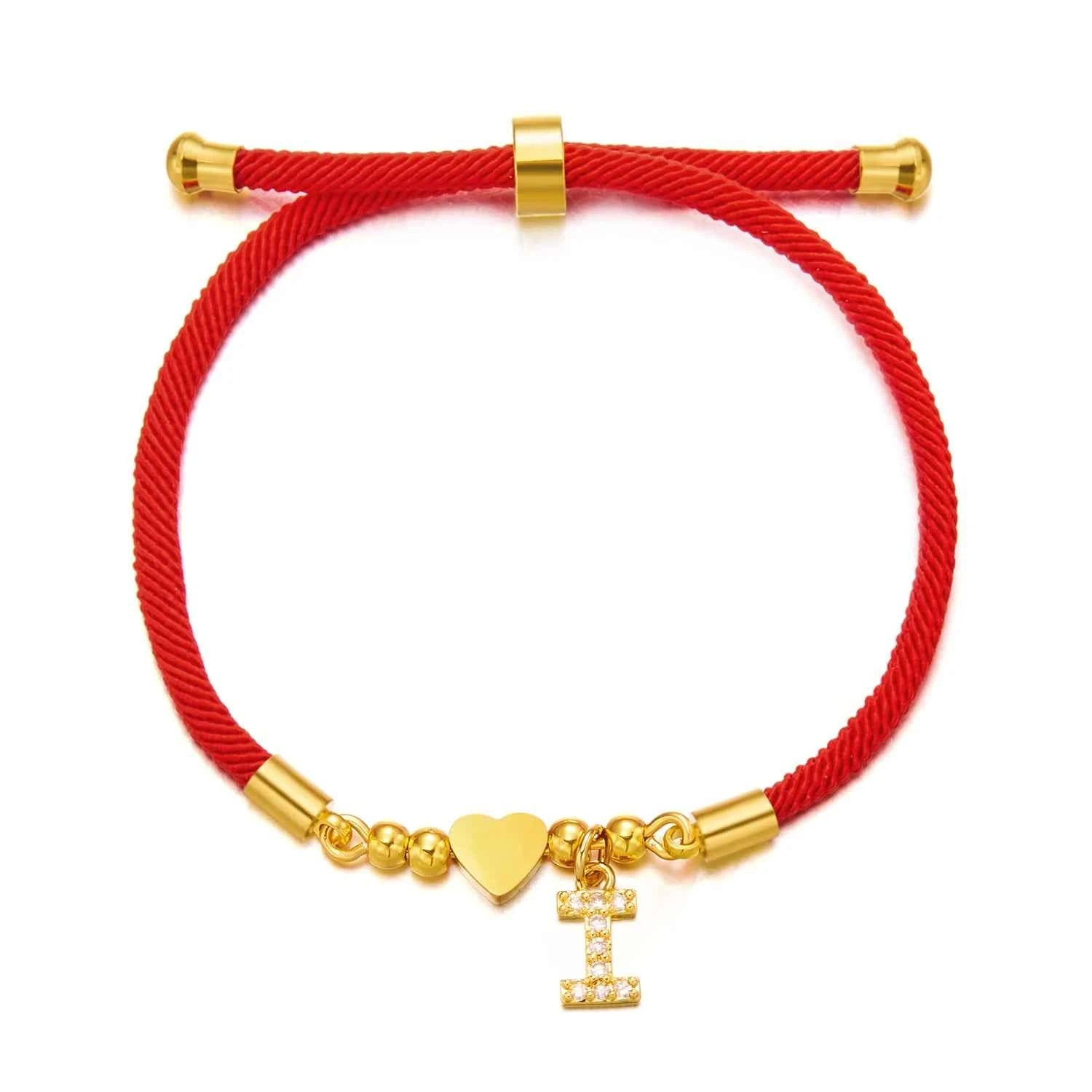New Gold Stainless Steel Heart Initial Letter Bracelet - Red Rope Charm Jewelry for Men & Women, Lucky Gift