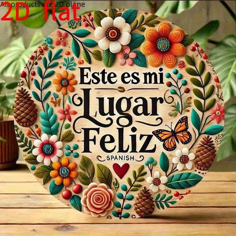2D Flat, Vintage Wooden Sign Decor for The Room - "My Happy Place" Spanish Quote Wall Art Piece, Suitable for Home, Dining Room,
