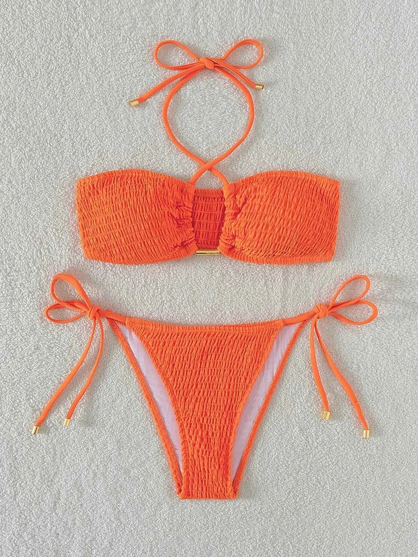 Sexy Triangle Bikini 2024 Women Red Black Ribbed Push Up Micro Swimsuit Cut Out Metal Designer Bathing Suit Knot Thong Swimwear