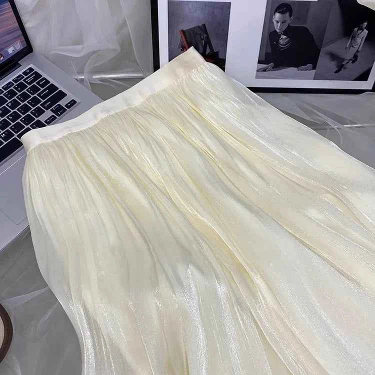 2025 Spring/Summer New Luster  A-line Women Skirt Solid Color High Waist French Paris Style Elegant Asymmetrical Skirt