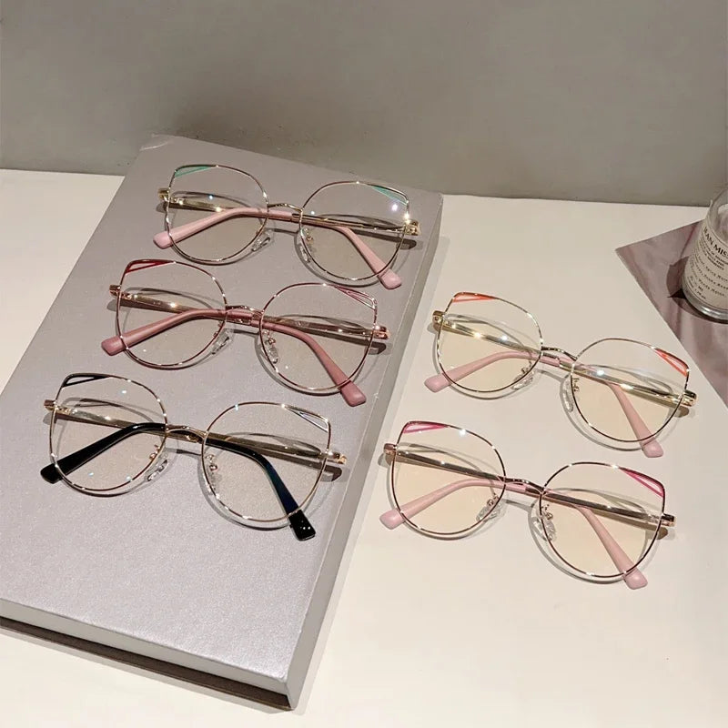 KAMMPT Oversized Cat Eye Glasses Women New Vintage Metal Rim Blue Light Blocking Eyeglasses Trendy Fashion Design Optical Frames
