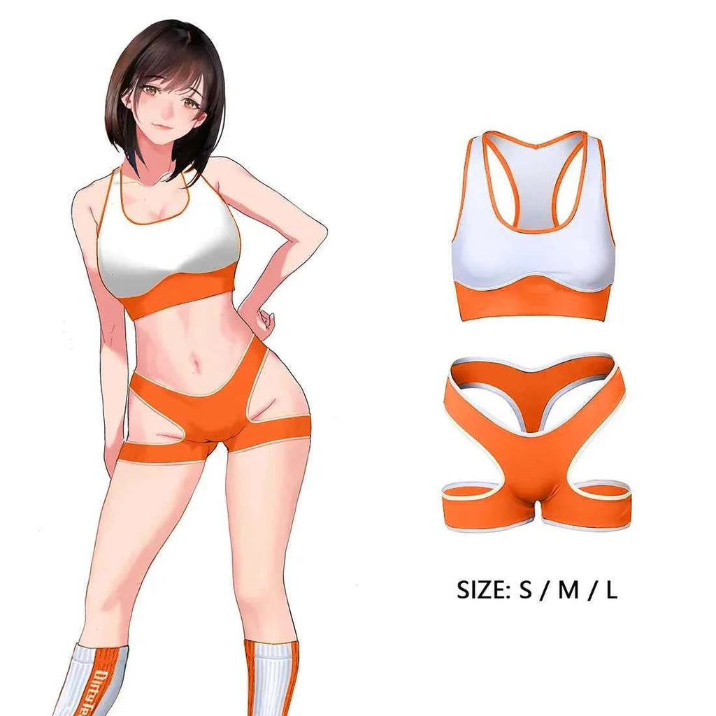 Sexy Cute Pure Desire Bra Set Girl Cheerleading Sports Underwear Lingerie Student Cosplay Costumes Hollow Split Swimsuit Bikini