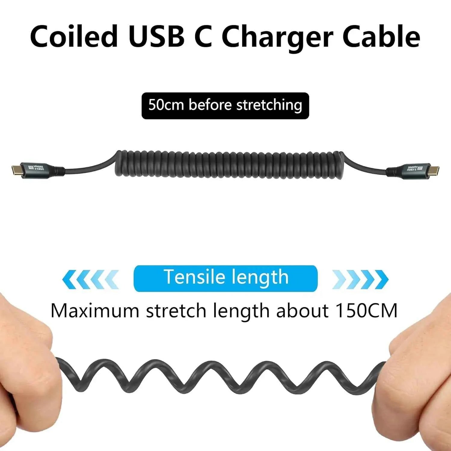 USB C Male to USB C Male Coiled Cable,Type-C 100W Fast Charging and 20Gbps Data Transfer and 8K HD Projection Spring Cable Compa