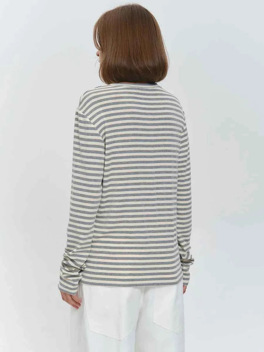 Bornladies Autumn New Fashion Women Cotton Striped Long Sleeve T Shirt Office Casual Simple Round Neck Pullover Tops & Tees