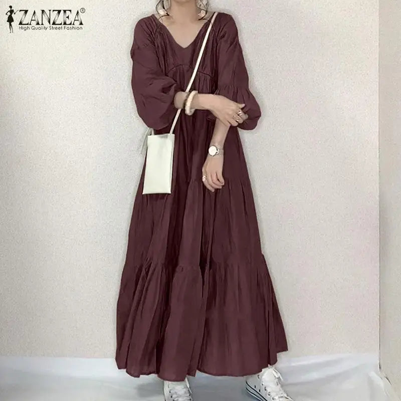 ZANZEA Vintage Ruffle Dress Women's Spring Sundress Casual Puff Sleeve Maxi Vestidos Female V Neck Robe Elegant Long Dresses