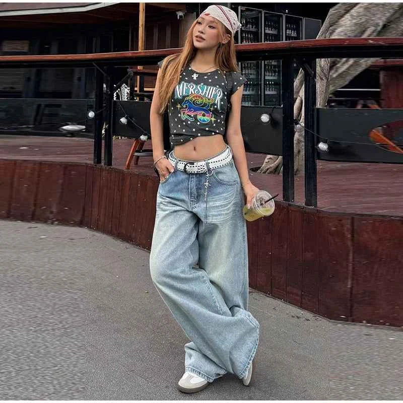 Women's Jeans Vintage Printed High Waist Zipper Pockets Straight Leg Trousers Female 2026 Spring Fashion Woman Clothes Outwears